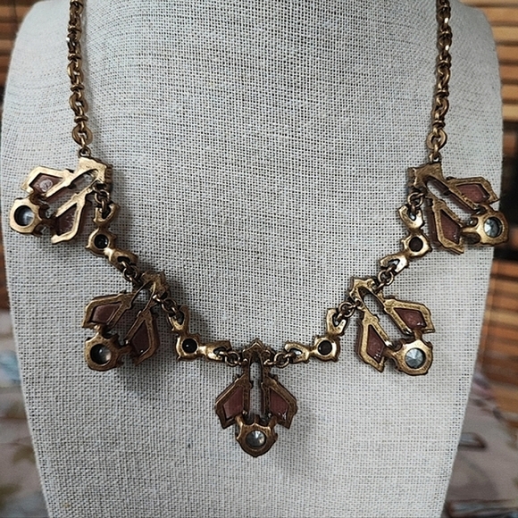 J. Crew Art Deco Revival Oxidized Brass Statement Necklace Lifesaver Clasp EUC - Picture 4 of 11